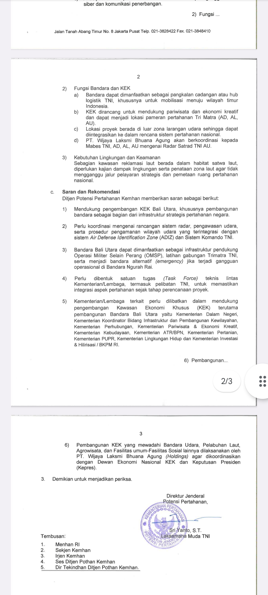 Kawasan Ekonomi Khusus (KEK) Sudah Mendapat Dukungan Pemerintah Pusat Melakui Rekom Kementrian Pertahanan RI No. B/3055/27/05/53/DJPOT Tanggal 17Juli 2025