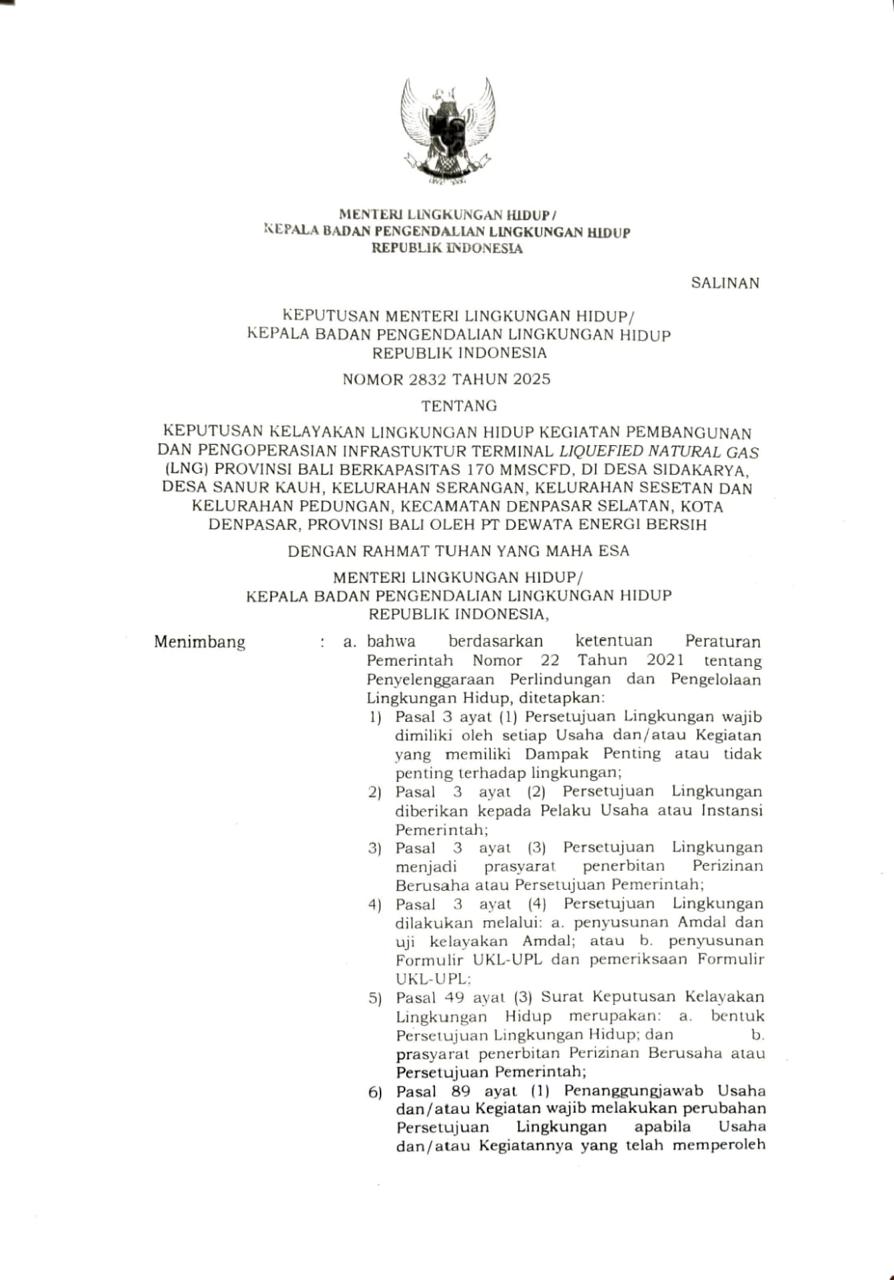Ditengah Pro Kontra Proyek FSRU LNG Bali,  Menteri LH Tetap Terbitkan SKKL