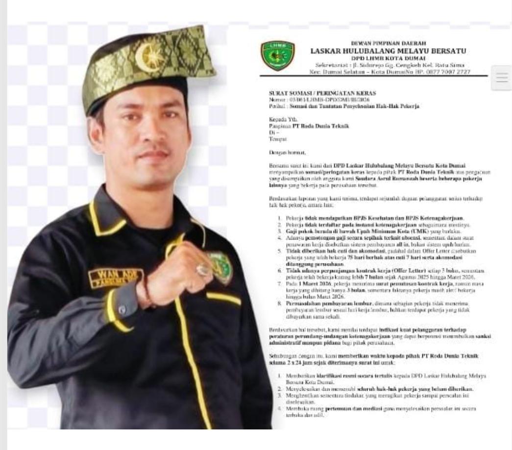Diduga Langgar Hak Pekerja, LHMB Dumai Somasi Kontraktor Mitra Pertamina